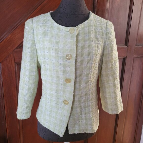 Bob Mackie Studio Womens Tweed Jacket Size 6 Green Plaid Blazer - Picture 1 of 6